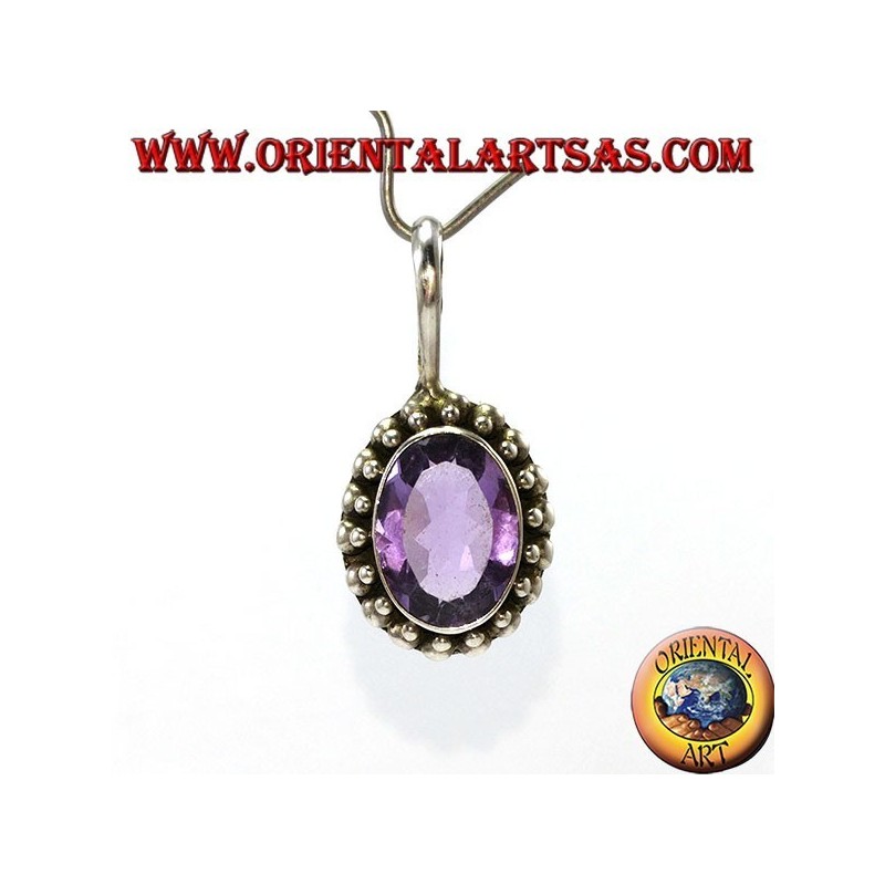 Pendentif en argent, améthyste naturelle ovale avec bordure de boule
