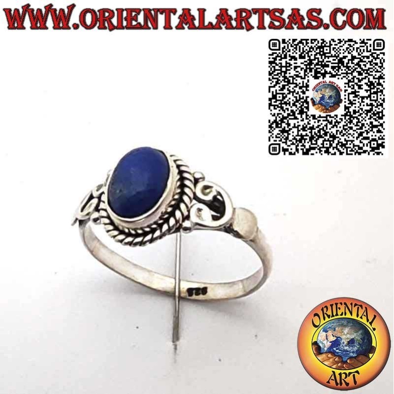 Anello in Argento 925 con Lapislazzuli Naturale Ovale, Treccia Decorativa e Ornamenti sui Lati