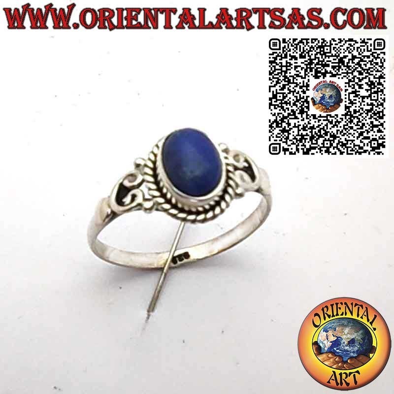 Anello in Argento 925 con Lapislazzuli Naturale Ovale, Treccia Decorativa e Ornamenti sui Lati