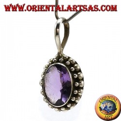 Silber Anhänger, oval natur Amethyst mit Kugelkante