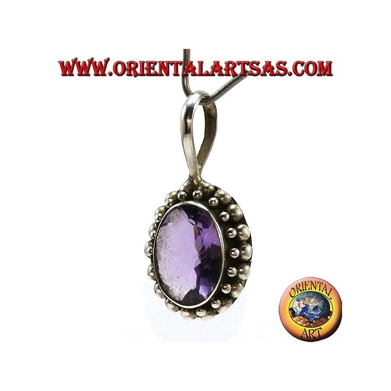 Pendentif en argent, améthyste naturelle ovale avec bordure de boule