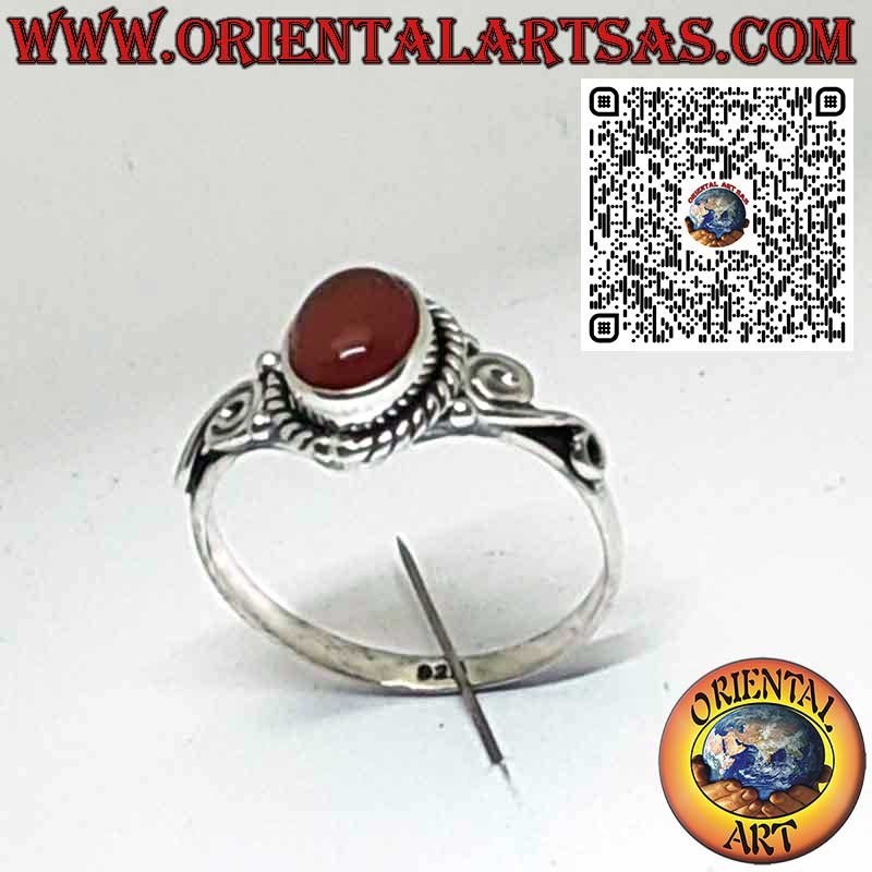 Strength and vitality: Hypoallergenic 925 Sterling Silver Ring with Natural Oval Carnelian and Artistic Spirals.