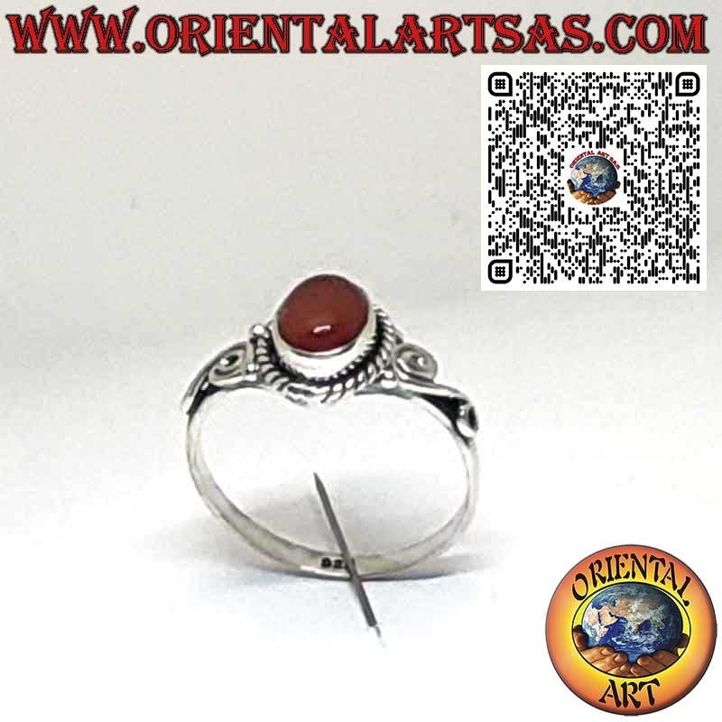 Sterling Silver 925 Ring with Natural Oval Carnelian and Spiral Side Decorations