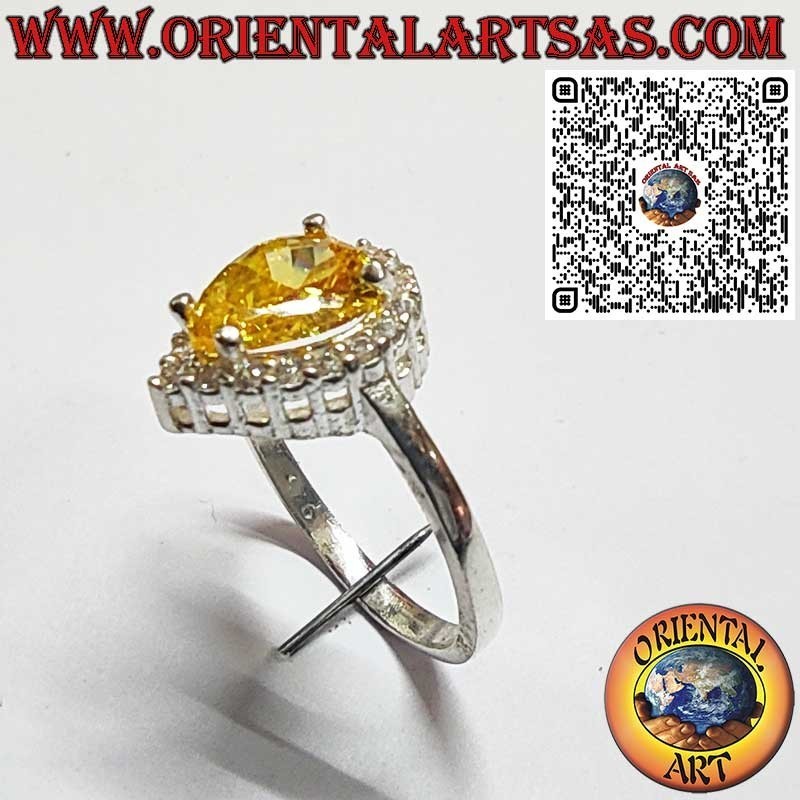 Sterling Silver 925 Ring with Teardrop Citrine Quartz Surrounded by Zircons