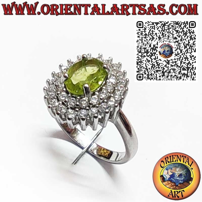 Bague en Argent 925 avec Péridot Naturel Ovale Entouré d’une Double Rangée de Zircons