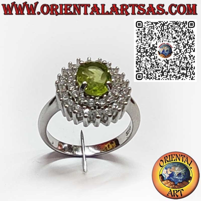 Sterling Silver 925 Ring with Natural Oval Peridot Surrounded by Double Row of Zircons