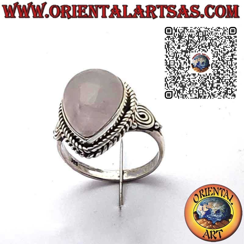 Anillo de Plata 925 con Cuarzo Rosa Natural en Gota, Trenza y Espirales Laterales