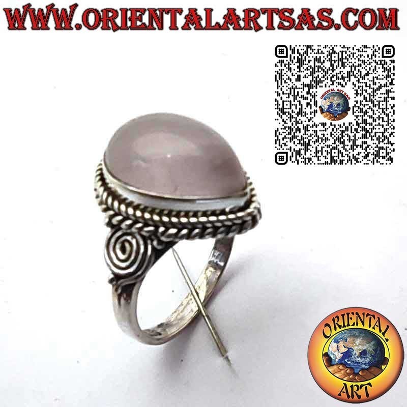 Anillo de Plata 925 con Cuarzo Rosa Natural en Gota, Trenza y Espirales Laterales