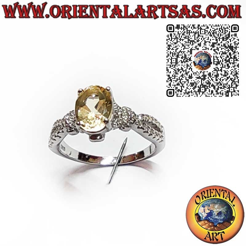 925 Sterling Silver Ring with Oval Yellow Topaz and Side Zircons