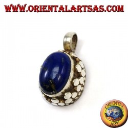 Silver pendant with oval natural lapis lace on high edge
