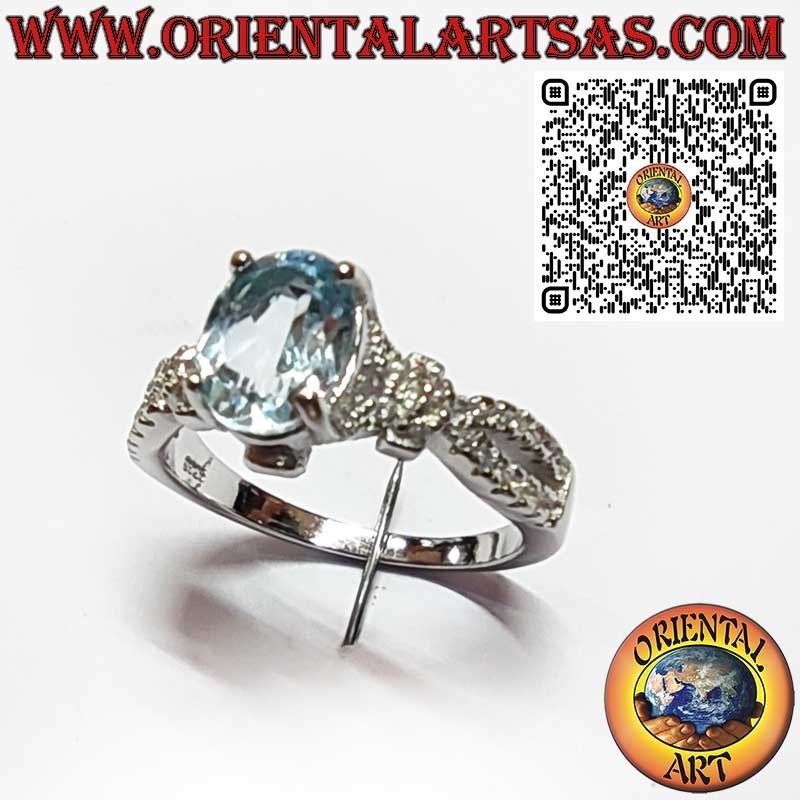 925 Sterling Silver Ring with Oval Blue Topaz and Side Zircons