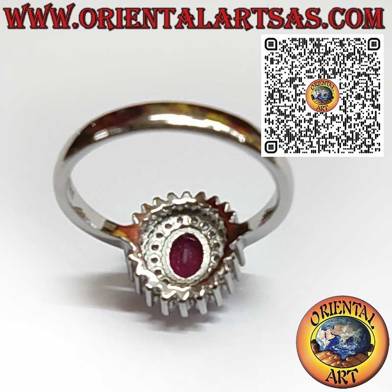 Bague en Argent 925 avec Rubis Naturel Ovale et Double Rang de Zirconium