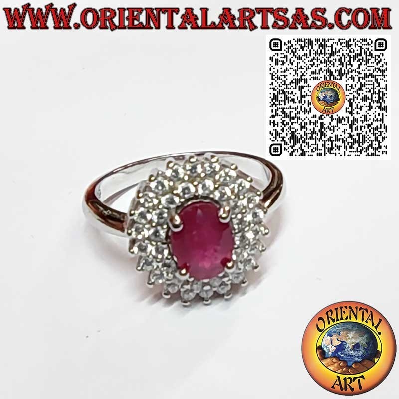 Anillo de Plata 925 con Rubí Natural Ovalado y Doble Fila de Circonitas