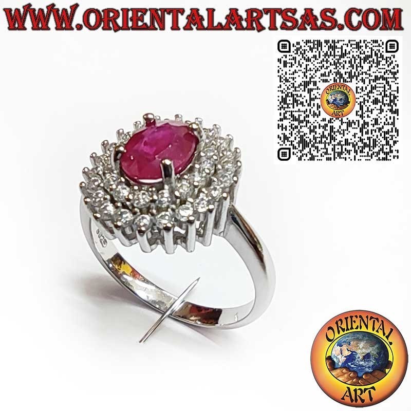 Anillo de Plata 925 con Rubí Natural Ovalado y Doble Fila de Circonitas