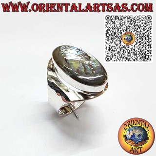 925er Silberring mit breitem Band und ovaler Abalone Paua Shell – leuchtend und elegant.