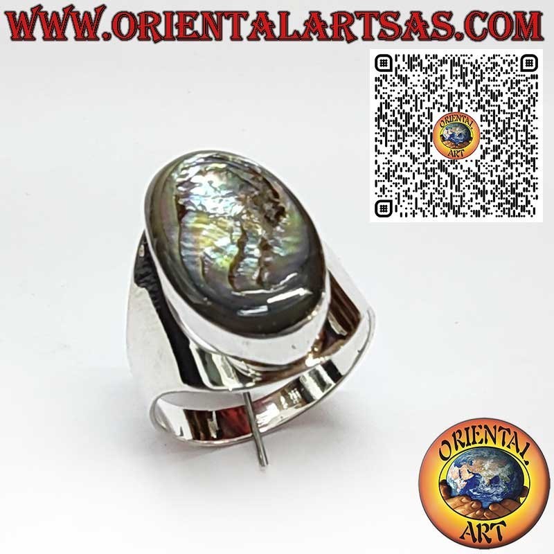 925 Sterling Silver Wide Band Ring with Oval Abalone Paua Shell