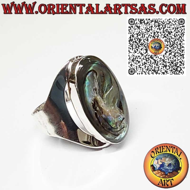 925 Sterling Silver Wide Band Ring with Oval Abalone Paua Shell
