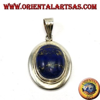 Pendentif en argent avec dentelle ovale naturelle à lapis sur bord lisse