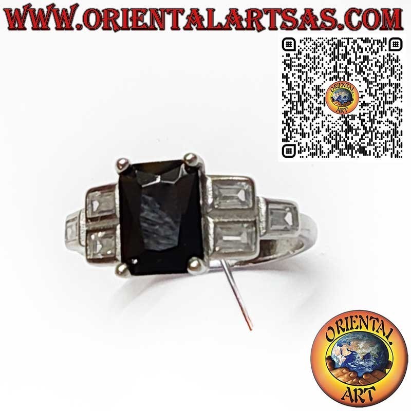 Anillo Plata 925 Espinela Negra Rectangular Circones Laterales