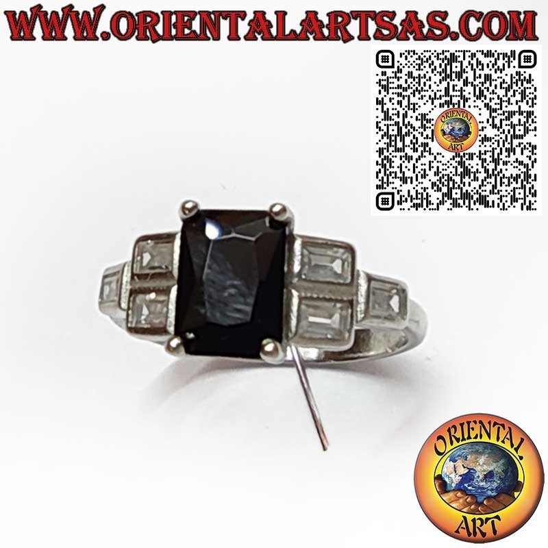 Bague Argent 925 Spinelle Noir Rectangulaire Zircons Latéraux