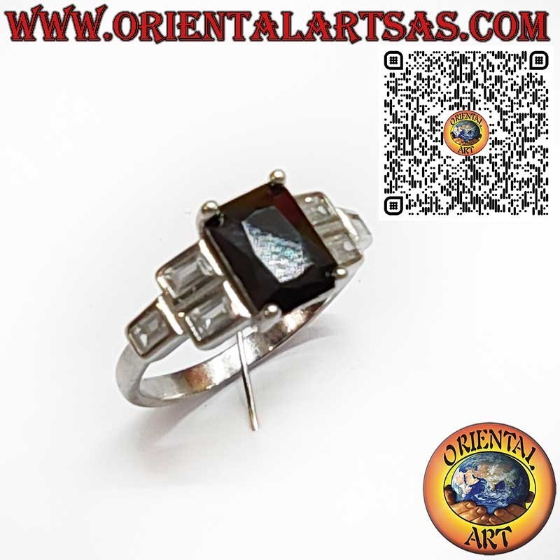 Anello Argento 925 Spinello Nero Rettangolare Zirconi Laterali