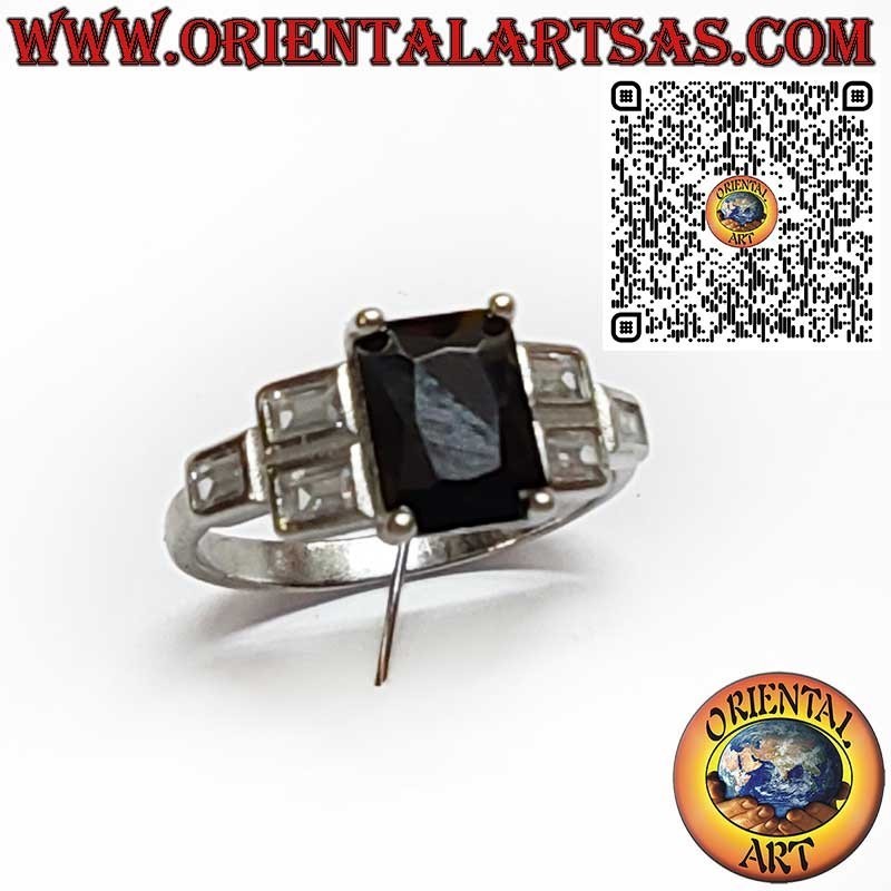 Bague Argent 925 Spinelle Noir Rectangulaire Zircons Latéraux