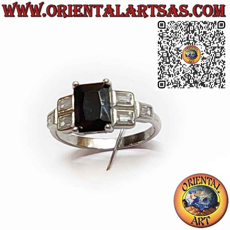 Anillo Plata 925 Espinela Negra Rectangular Circones Laterales