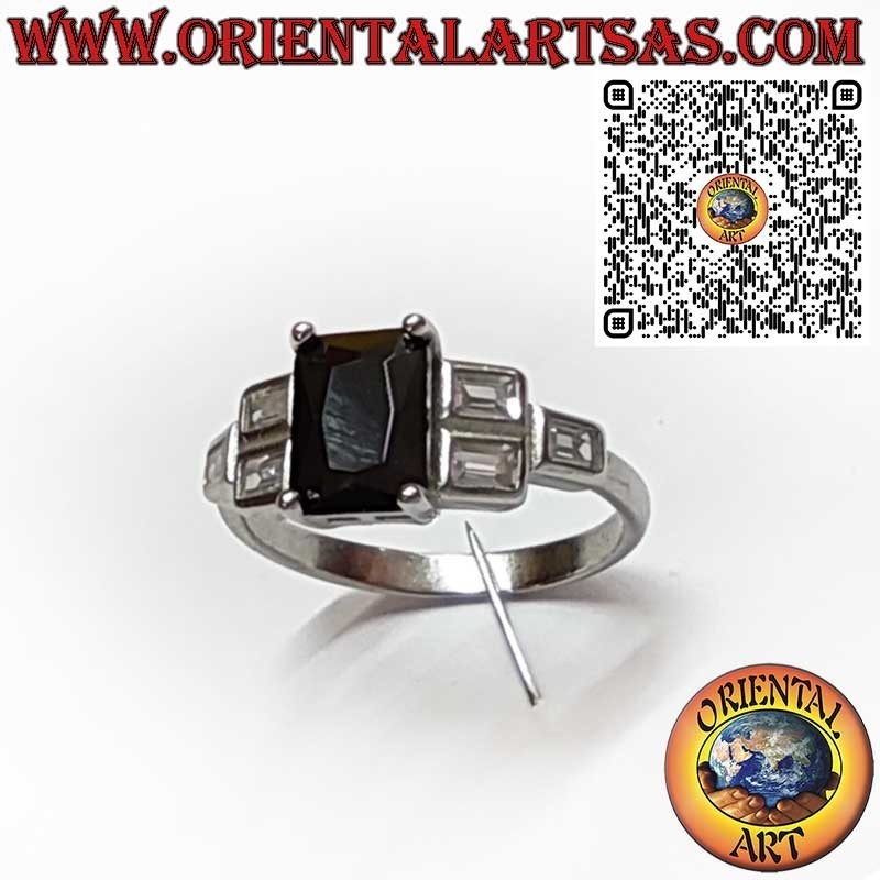 925 Silver Ring Rectangular Black Spinel Side Zircons