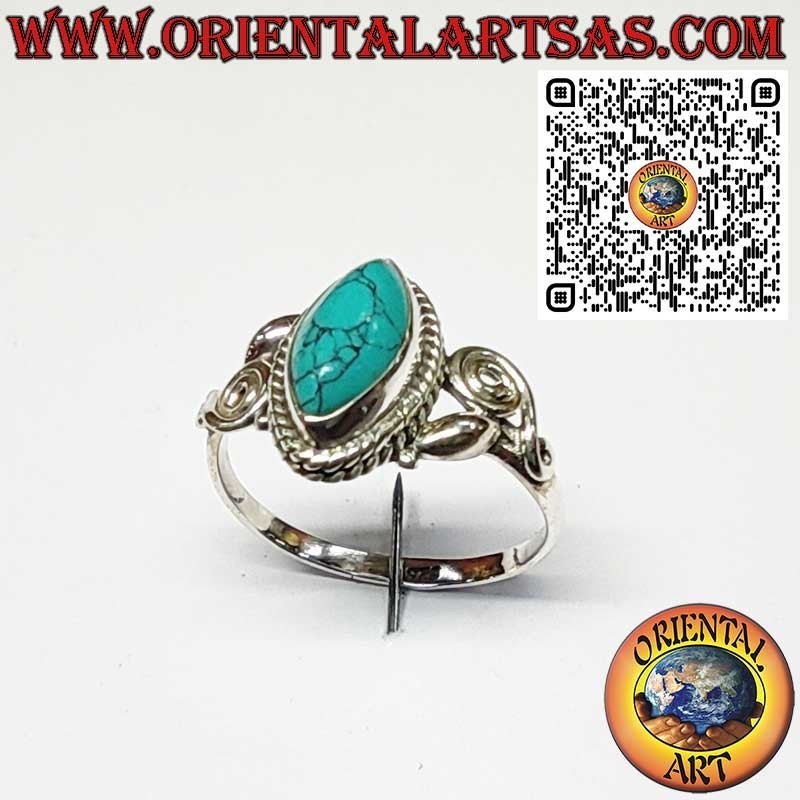 Anillo de Plata 925 con Turquesa Navette y Espirales Asimétricas