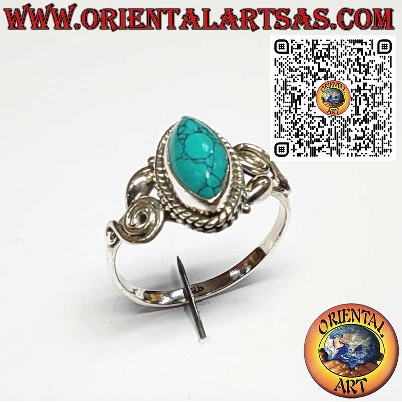925 Sterling Silver Ring with Marquise Turquoise and Asymmetric Spiral Decorations