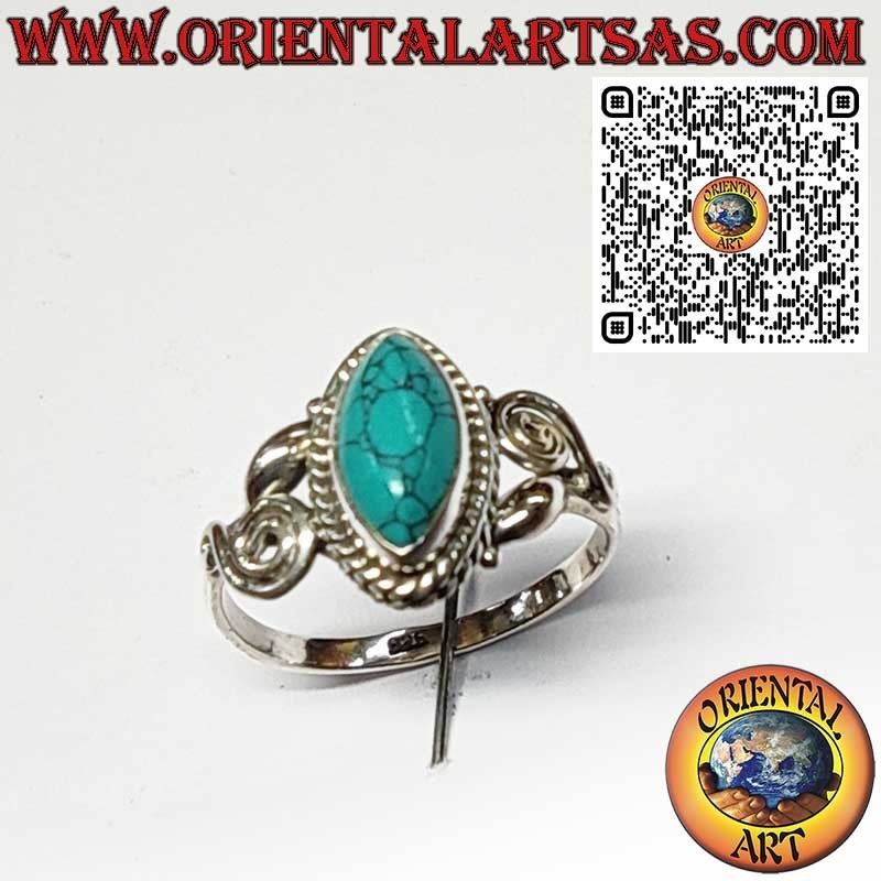 Anello in Argento 925 con Turchese a Navetta e Spirali Asimmetriche
