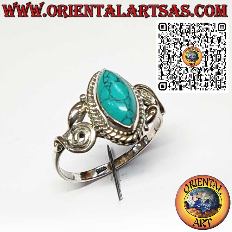 Silberring 925 mit Navette-Türkis und asymmetrischen Spiralen, Symbol für Schutz und Lebensenergie