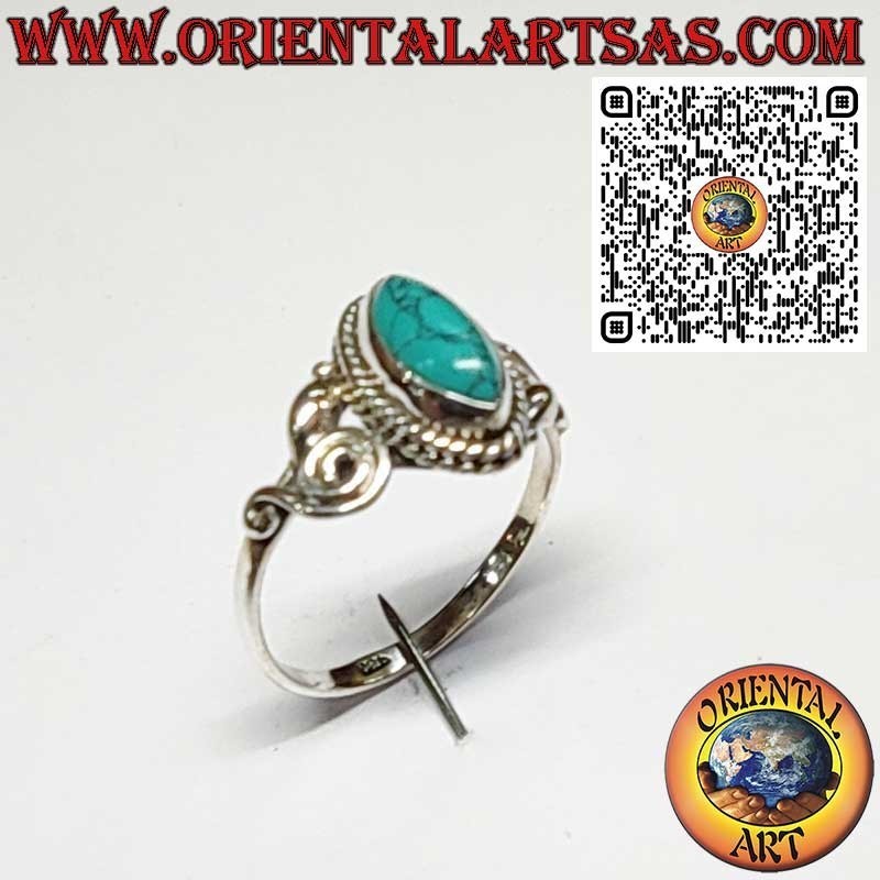Anello in Argento 925 con Turchese a Navetta e Spirali Asimmetriche