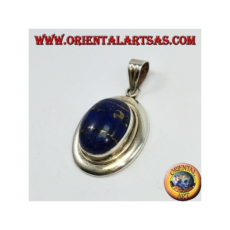 Pendentif en argent avec dentelle ovale naturelle à lapis sur bord lisse