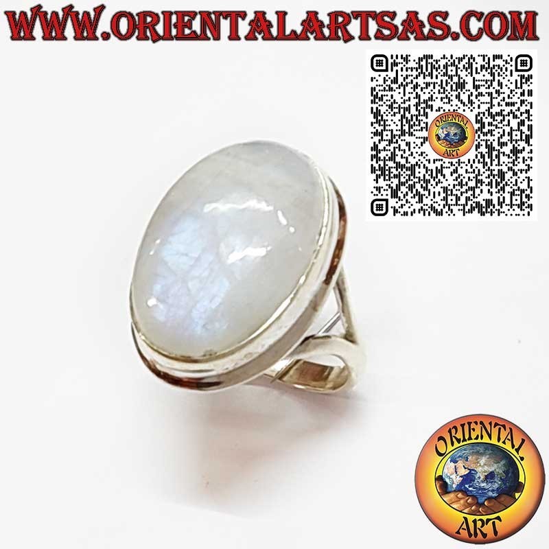 Bague en argent avec pierre de lune ronde ornée et spirale sur les côtés