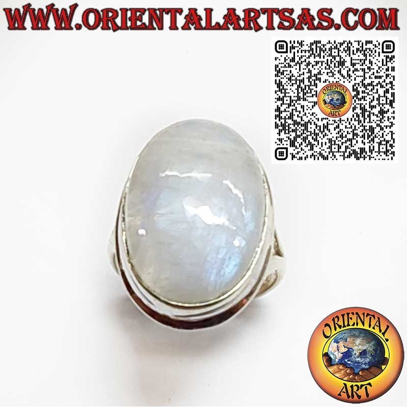 Silver ring with ornate round moonstone and spiral on the sides