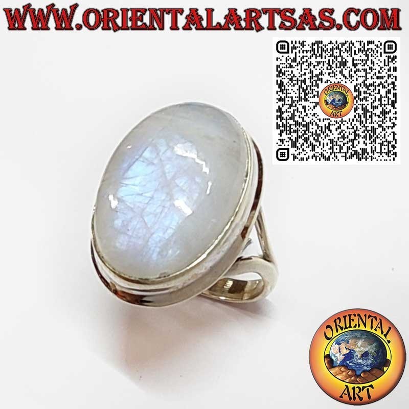 Bague en argent avec pierre de lune ronde ornée et spirale sur les côtés
