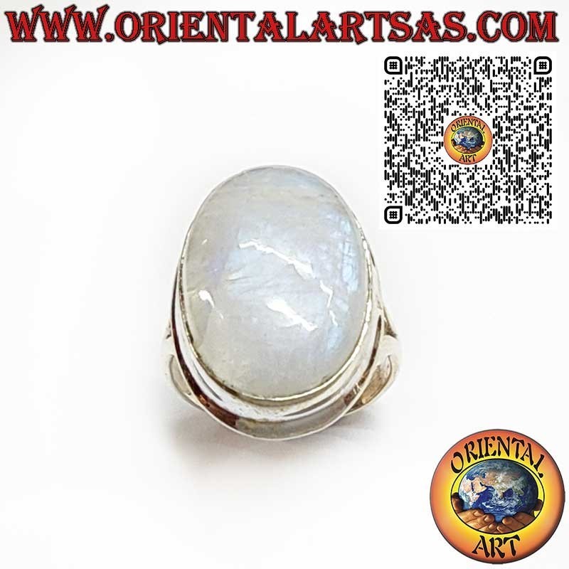 Bague en argent avec pierre de lune ronde ornée et spirale sur les côtés