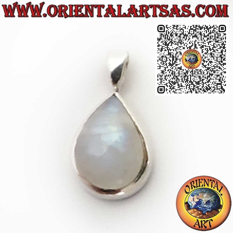 925 Sterling Silver Pendant with Pear-Cut Rainbow Moonstone Smooth Bezel