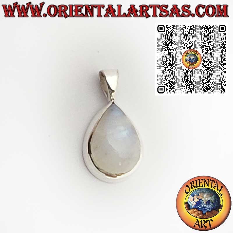 Pendentif en Argent 925 avec Pierre de Lune Arc-en-Ciel en Goutte et Sertissage Lisse