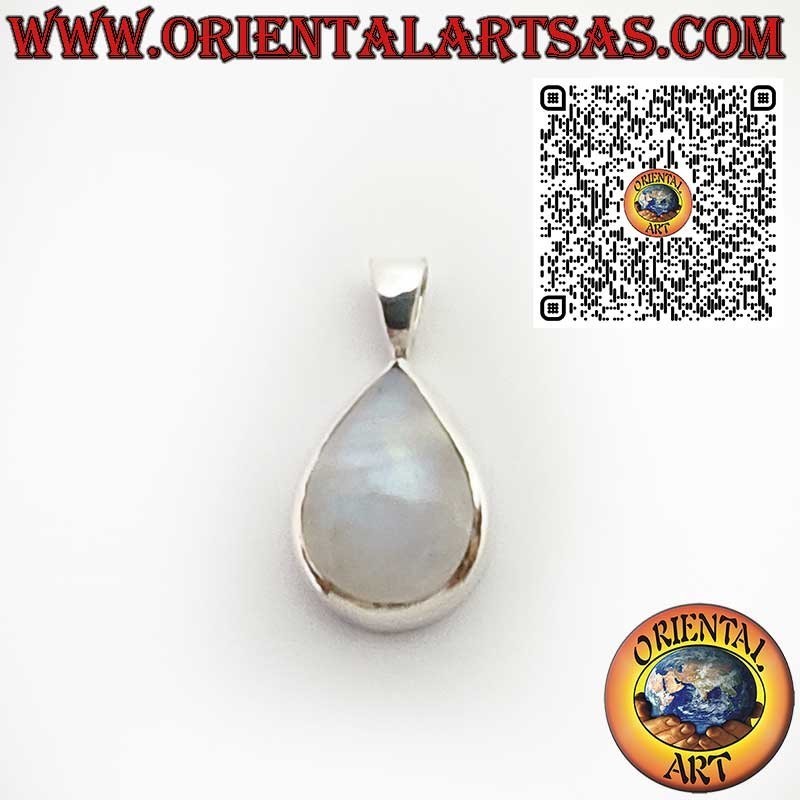Colgante de Plata 925 con Piedra Luna Arcoíris en Forma de Gota y Engaste Liso