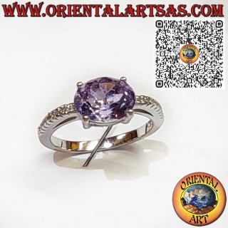 925 sterling silver ring with oval natural amethyst and elegant setting with side zircons