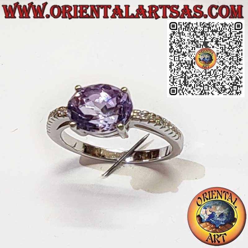 925 Sterling Silver Ring with Oval Natural Amethyst – Diagonal Setting and Side Zircons