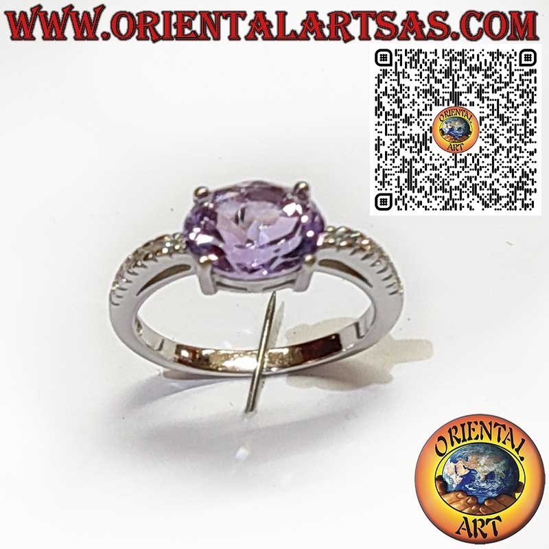 925 Sterling Silver Ring with Oval Natural Amethyst – Diagonal Setting and Side Zircons