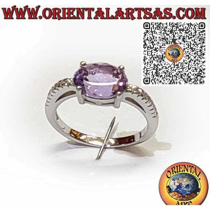 Anello in Argento 925 con Ametista Naturale Ovale – Montatura Trasversale e Zirconi Laterali