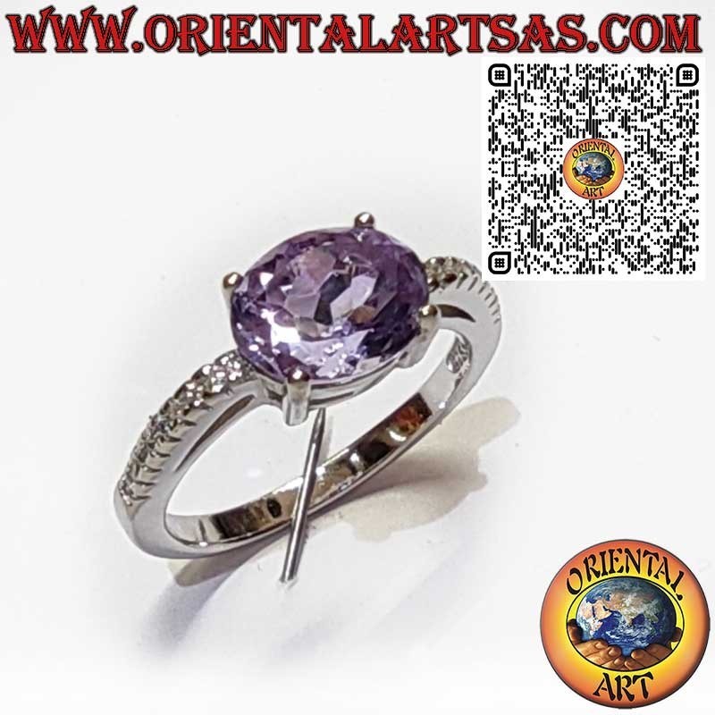 925 Sterling Silver Ring with Oval Natural Amethyst – Diagonal Setting and Side Zircons
