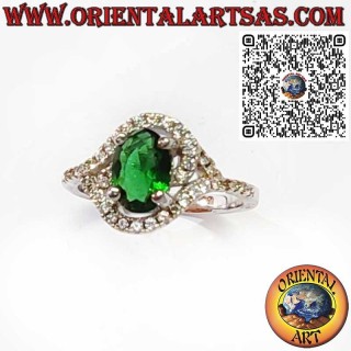 Bague en argent 925 avec émeraude ovale et zircons blancs asymétriques