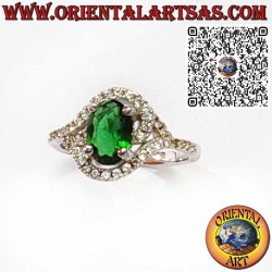 925 sterling silver ring with oval emerald and asymmetric white zircons