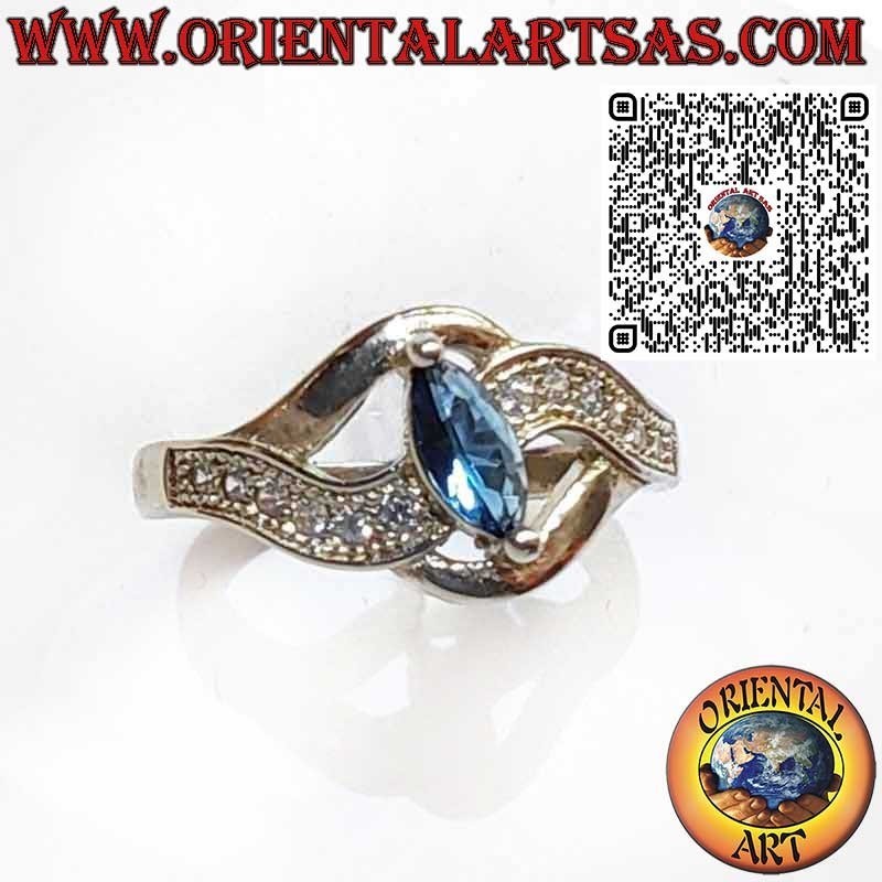 925 Sterling Silver Ring with Marquise Sapphire and Wavy Setting with Zircons