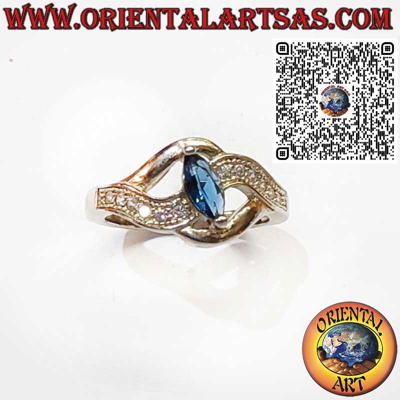 925 Sterling Silver Ring with Marquise Sapphire and Wavy Setting with Zircons
